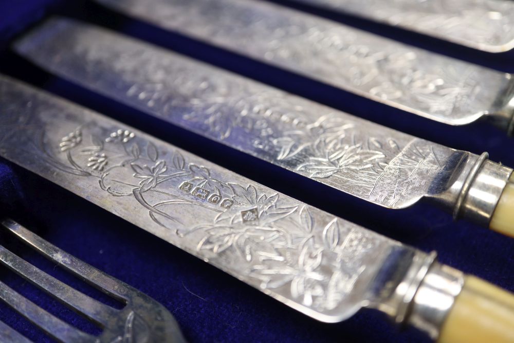 A cased set of twelve pairs of Victorian shibayama handled silver dessert eaters, Martin, Hall & Co, Sheffield, 1881,